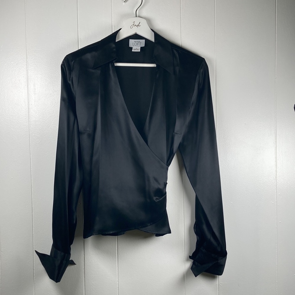 LOFT Black Satin Wrap Blouse